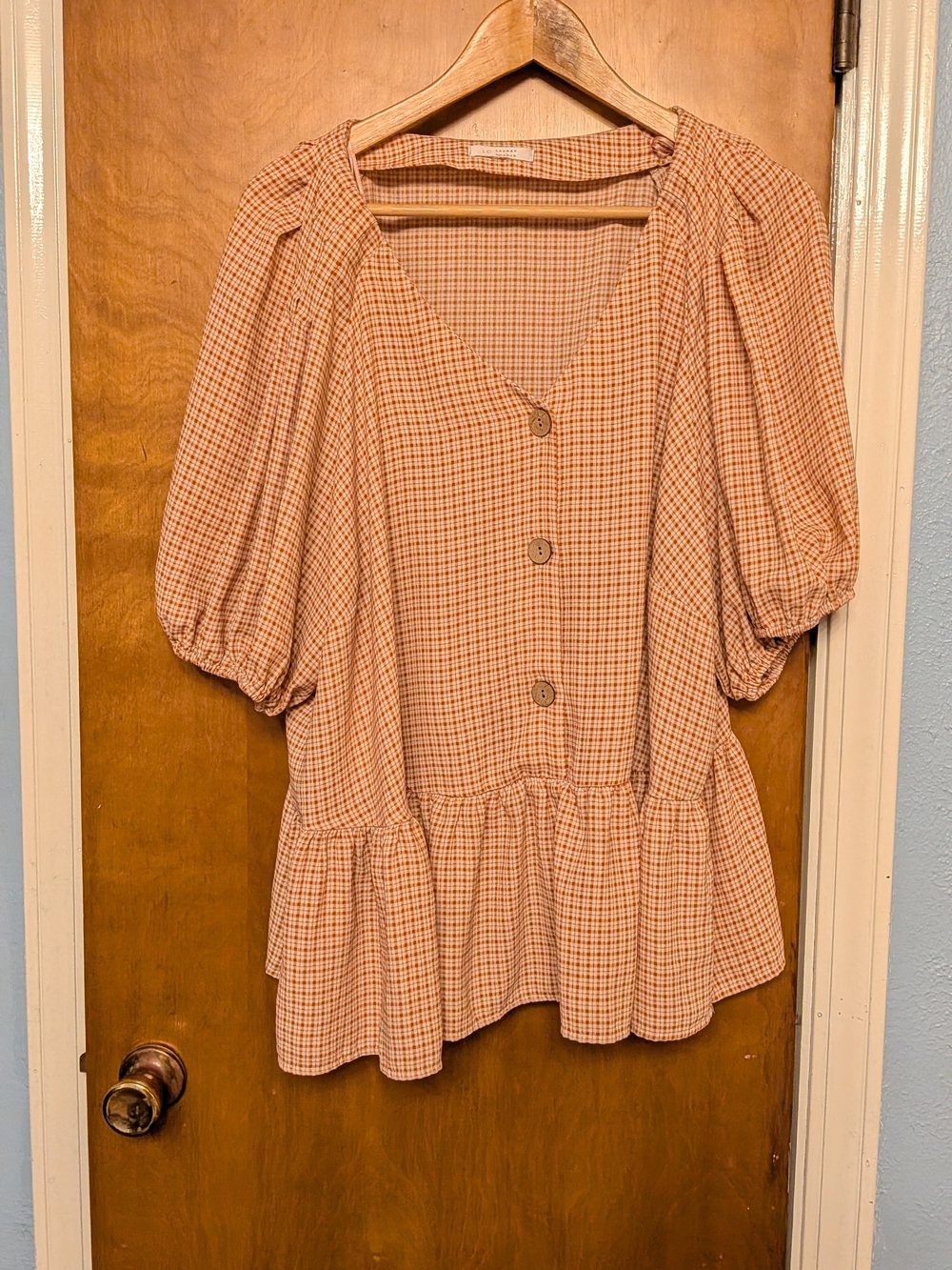 Women's Peach Plaid Button-Front Peplum Top